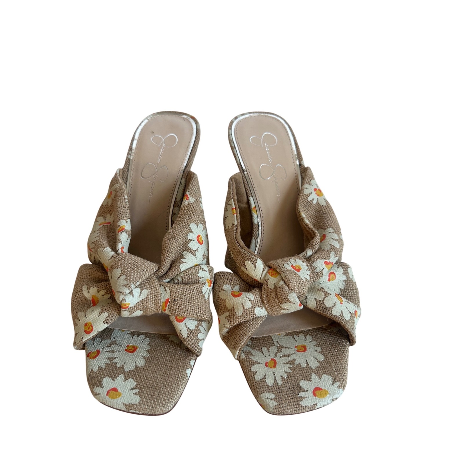 Jessica Simpson Floral Daisy Burlap Mule Heels Square Toe Sandals Tan White 9m